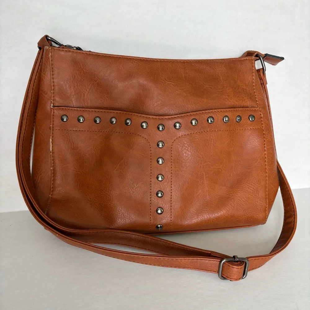 Sam & Hadley Studded Tan Faux Leather Shoulder Bag